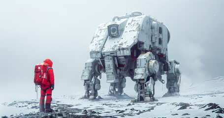 Astronaut facing a large robotic walker on a snowy landscape