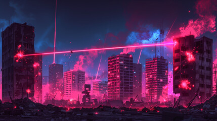 Futuristic cityscape under pink laser bombardment