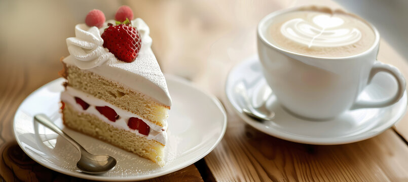 Coffee with milk with a sponge cake on a wooden table