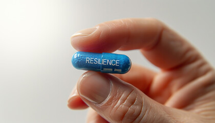 Fingers showing a blue capsule with the name resilience