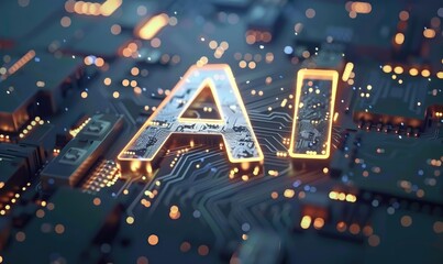 Advanced technology concept with glowing AI letters on a circuit board, symbolizing artificial intelligence and computing - AI generated
