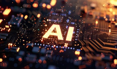 Advanced technology concept with glowing AI letters on a circuit board, symbolizing artificial intelligence and computing - AI generated