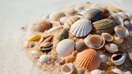 Fototapeta na wymiar Sea shells in sand pile isolated