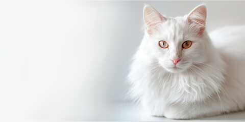 Fluffy white long-haired cat looking at the camera on white background with copy space