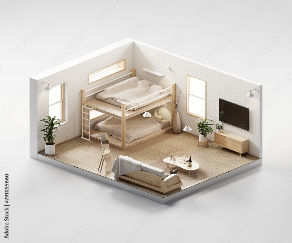 Poster isometric view bed room open inside interior architecture 3d rendering digital art