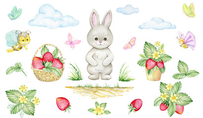 Bunny bee butterfly strawberry, summer set of cliparts
