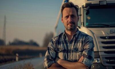 Confident male truck driver with arms crossed, standing proudly in front of his vehicle at a logistic center during sunset - AI generated - obrazy, fototapety, plakaty