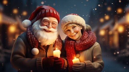 Fototapeta na wymiar Enchanting Christmas Portrait of Smiling Santa Claus and Joyful Child With Candles