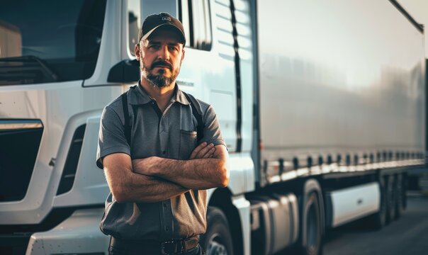 Confident male truck driver with arms crossed, standing proudly in front of his vehicle at a logistic center during sunset - AI generated