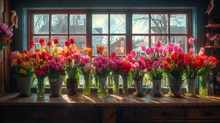   A table holds several vases filled with flowers, situated before a window Behind the window lies a house - obrazy, fototapety, plakaty