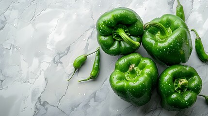 Green peppers lie on the white marble countertop - obrazy, fototapety, plakaty