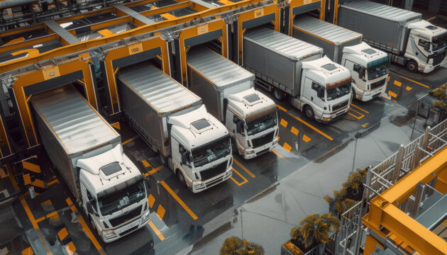 several trucks are loading in a logistics center at dawn