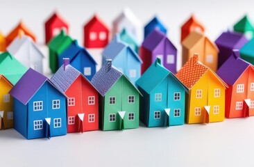 Fototapeta premium A lot of colored houses, background of paper houses. concept of moving, housewarming, buying home, rent, sale, real estate.