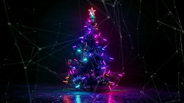 Christmas Tree. An open source Christmas project. Background with flying paternas. Midnight neon background. Neon. Generative AI.