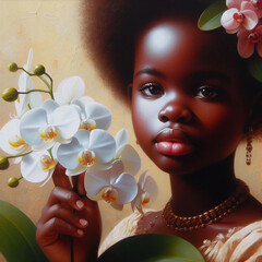 Little African girl with orchids. Painting on canvas. - 791057693