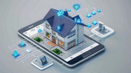 Obraz premium Smart home concept with 3D house model and icons on smartphone, representing IoT and home automation technology - AI generated