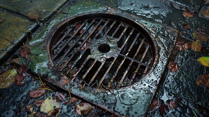Drain on Sidewalk Covered in Fallen Leaves