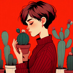 Illustrative drawing of a girl with cacti. - 791057860