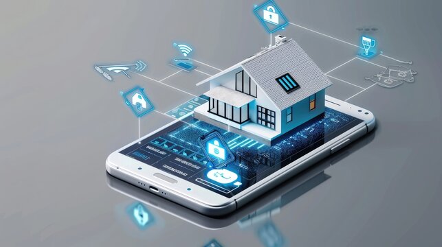 Smart home concept with 3D house model and icons on smartphone, representing IoT and home automation technology - AI generated
