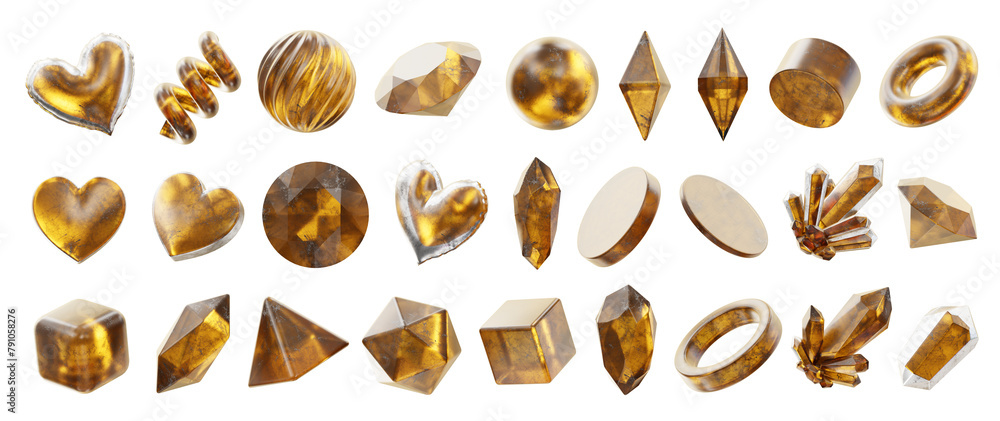 Poster gold object geometry shape set isolated background 3d rendering