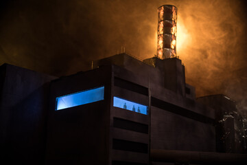 Creative artwork decoration. Chernobyl nuclear power plant at night. Layout of abandoned Chernobyl...