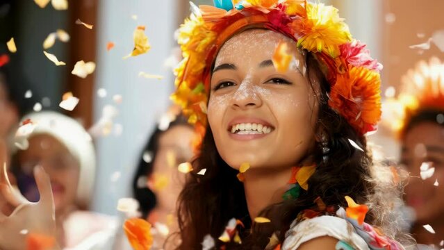 A woman wearing a flowery headband is smiling and surrounded by confetti