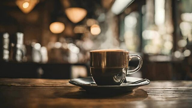 a cup of coffee placed on a wooden table. The cup seems to be filled with hot coffee, and there may be steam rising from it. The wooden table appears to have a smooth surface, possibly polished or var