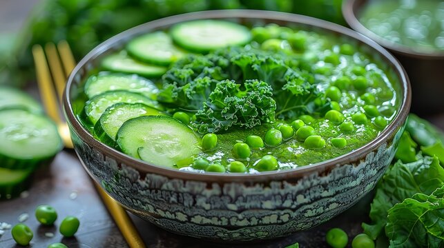   A table holds a bowl of soup garnished with cucumber slices, broccoli florets