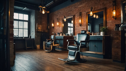 Empty barbershop interior dark, loft