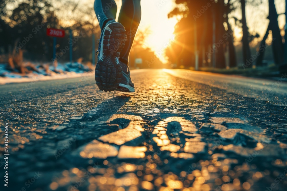Poster a runner is running on a road with a red sign in the background