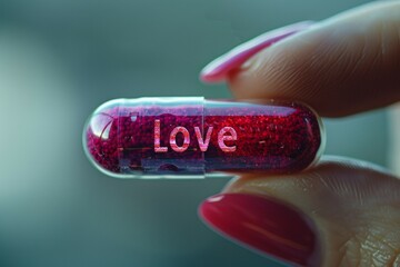 Tablet or pill with the inscription Love. Background with selective focus