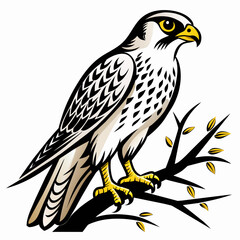 Illustrate a vector outline of a falcon on the tree branch, against a white background