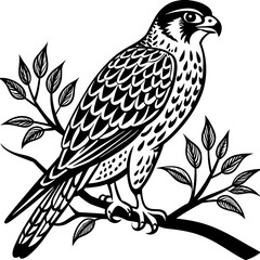 Illustrate a vector outline of a falcon on the tree branch, against a white background
