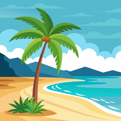Fototapeta na wymiar Beach a sandy beach with a palm tree swaying in the breeze vector illustration 