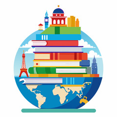 Obraz premium Illustrate a globe-shaped stack of colorful books, with each book spine featuring iconic landmarks from around the world, celebrating the diversity of cultures and literature.- white background