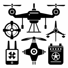 set of drones icons with solid black and white color vector silhouette 