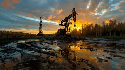 Oil price fluctuations lead to conflict affecting drilling rigs and production. Concept Oil Prices, Conflict, Drilling Rigs, Production, Fluctuations - obrazy, fototapety, plakaty