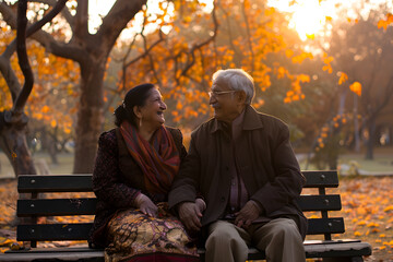 Obraz premium middle-aged couple talking on a park bench,