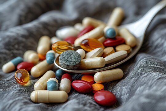 Close-up tablespoon filled with various dietary supplements