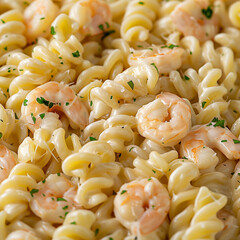 The traditional Spanish dish Pasta Alfredo con Camarones, which is fettuccine or penne pasta with Shrimps/Prawns cooked in a cream and white wine sauce.