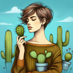 Illustrative drawing of a girl with cacti. - 791061629