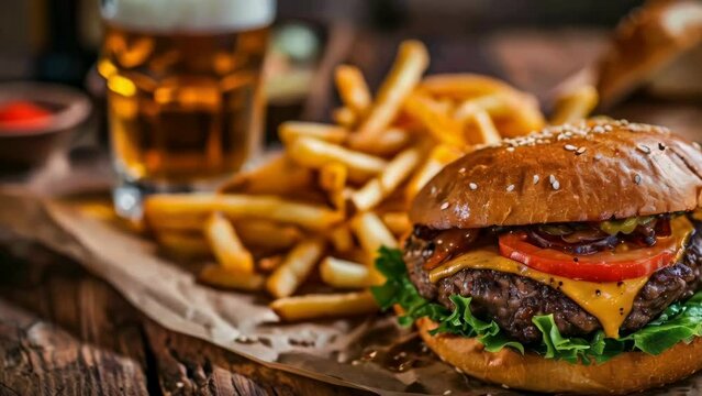 A burger and fries are on a table with a glass of beer