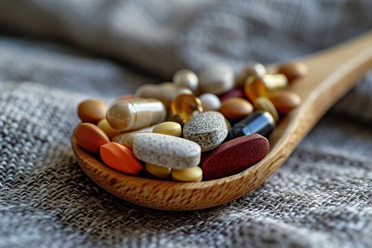 Close-up tablespoon filled with various dietary supplements, tablets and vitamins.