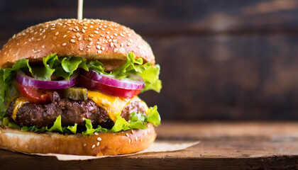 Close-up of a succulent beef burger on a wooden table, with a big copy space on the right - obrazy, fototapety, plakaty