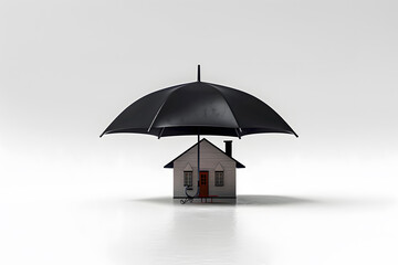 home insurance and protection, featuring a family house secured under an umbrella, symbolizing safety and security against potential risks
