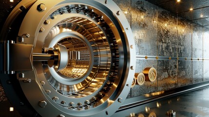 A bank vault door opens to reveal a secure area where gold is stored, highlighting the importance of bank security