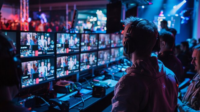 A bustling control room during a major event, screens displaying live feeds to an engaged audience