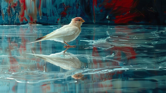   A white bird atop a red and blue building's puddle, stands beside a painting
