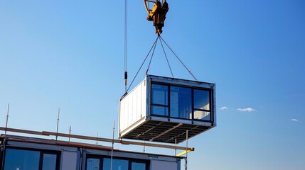 A crane lifts a modular unit against a backdrop of clear blue sky, symbolizing innovation in construction technology