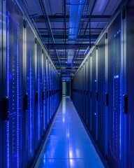 A data center under soft blue illumination, emphasizing the seamless operation of vast technology servers
